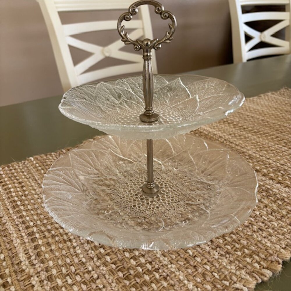 2 Tier Textured Glass Serving Piece Embossed Floral Pattern Vintage Holiday Gift